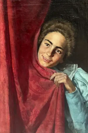 Ecole espagnole / Borell - Femme au rideau rouge Quantité Limitée